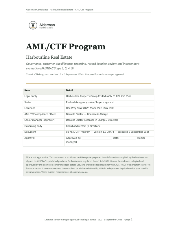 Page 1 of the sample AML/CTF Program for Harbourline Real Estate