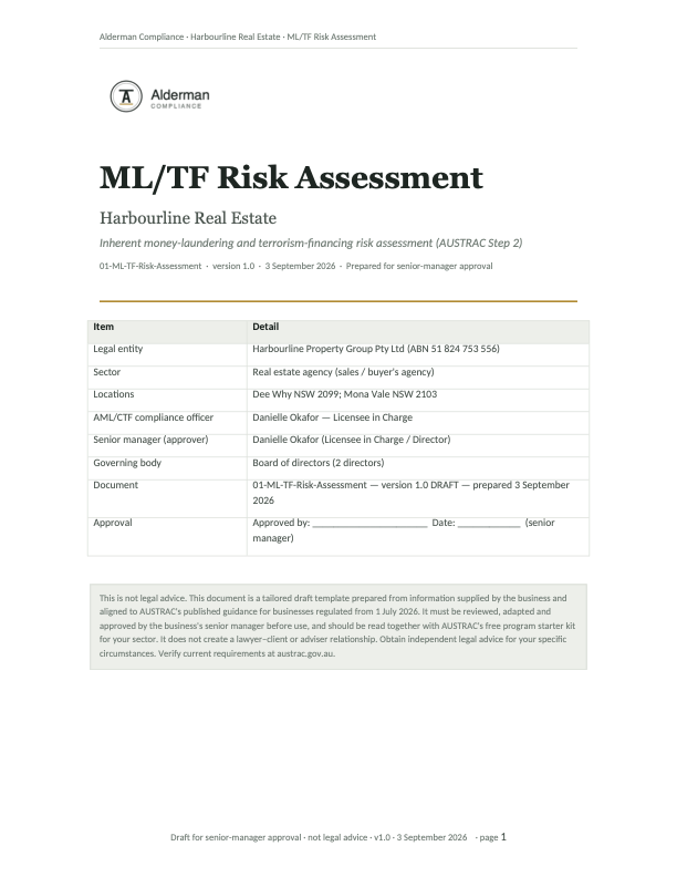 Page 1 of the sample ML/TF Risk Assessment for Harbourline Real Estate